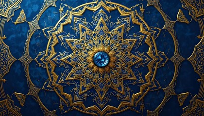 Intricate Gold and Blue Ornamental Mandala Background with Elegant Patterns and Vibrant Decorative Design