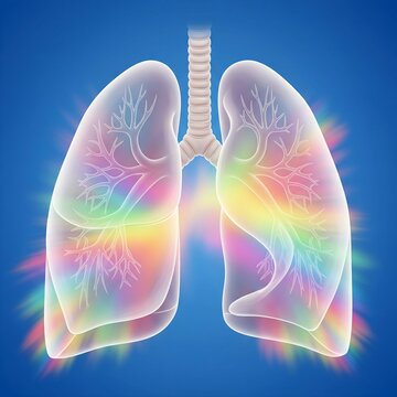 human lungs with hazy, iridescent rainbow-colored fluid dynamic mist, symbolizing an allergic lung reaction, detailed bronchial branching, 