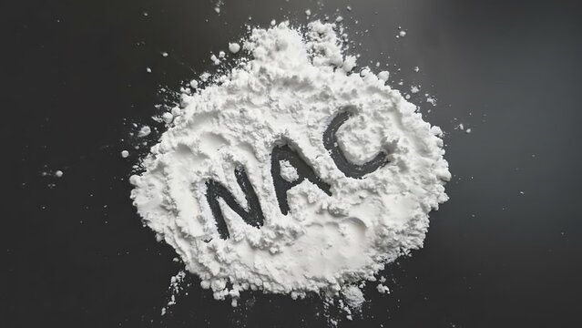 White powder mound with carved NAC letters on dark surface &ndash; macro studio photography