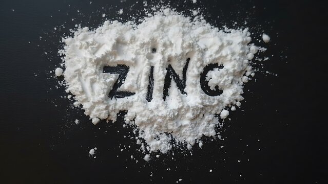 Pile of white zinc powder on a dark surface with the word ZINC formed in negative space