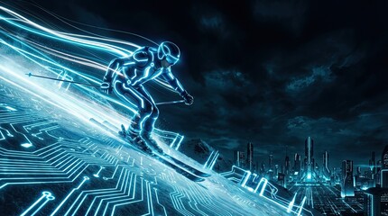 authentic human lifestyle concept Futuristic skier racing down a digital mountain slope with neon light trails towards a cyberpunk city. modern commercial stock usage