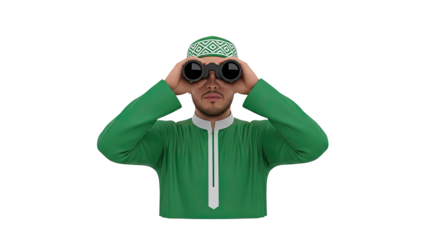 Man in Traditional Green Robe and Keffiyeh Holding Binoculars