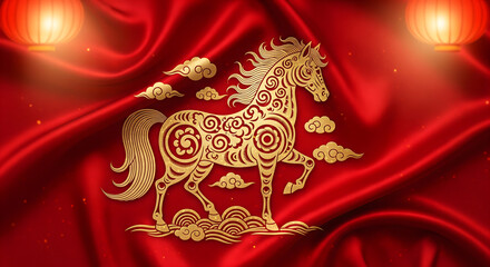 Golden horse with swirling patterns on red satin fabric with clouds and warm lighting