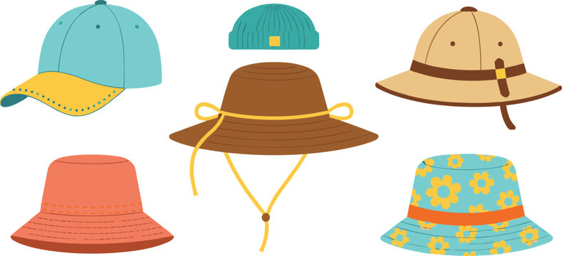 Colorful hat vector illustration set featuring baseball cap sun hat bucket hat safari hat and beanie isolated on white background for summer and outdoor fashion