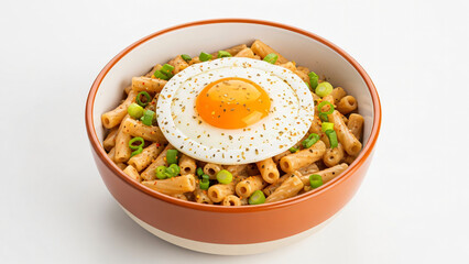fried egg on top of pasta in bowl