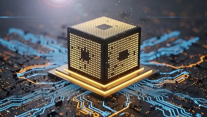 Futuristic AI Processor Cube with Glowing Golden Grid on Colorful Circuit Board &ndash; Tech Background, Quantum Computing, with Copy Space