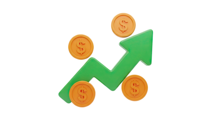 Green arrow with dollar coins showing financial growth on transparent background