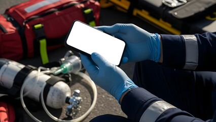 Paramedic Hands in Blue Gloves Holding Blank Smartphone Mockup 