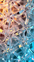 abstract crystalline geometric lattice with reflective glass prisms in cool blue and warm gold light