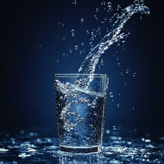 Water poured in a glass from the glass bottle, dark blue background. Fresh water spash illustration. Generative ai.  high resolution   for isolate image