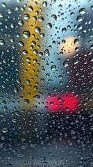 moody rain covered glass surface with urban light bokeh and reflective droplets