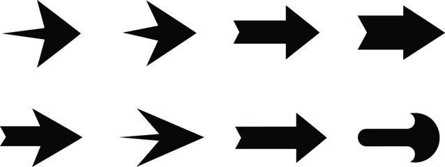 Arrow direction icon set featuring bold right arrows for navigation, movement, interface design, signage, and directional guidance