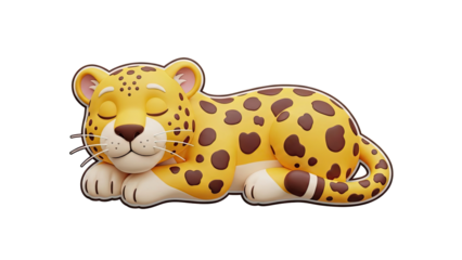 Cute cartoon leopard sleeping peacefully on transparent background
