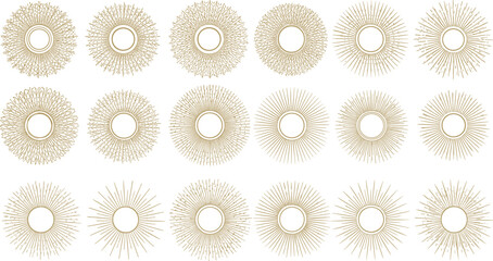 Luxury gold sunburst and radial decorative element set featuring elegant circular rays for branding, frames, and premium design