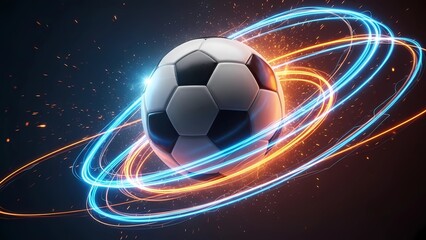 Futuristic soccer ball with glowing energy rings in dark space background