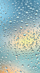Soft pastel water droplets on glass with sky reflections and calm light