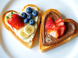 heart shaped toasts with cream cheese and chocolate spread and fruits