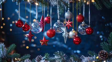 A festive collection of christmas ornaments hanging against a dark blue background
