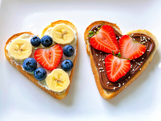 heart shaped toasts with fruits and chocolate spread