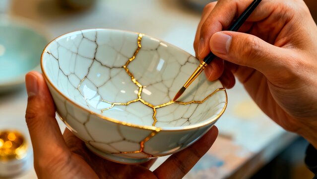 Artisan meticulously applies shimmering gold lacquer to repair intricate cracks on a delicate ceramic bowl using a fine-tipped brush