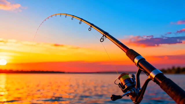 The curved tip of a modern fishing rod with a spinning reel attached, set against a brilliant orange and blue sunset over calm water