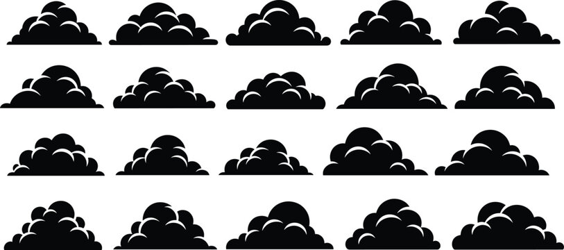 Black cloud silhouette vector illustration set featuring various fluffy cumulus cloud shapes isolated on white background for weather forecast and sky nature design projects