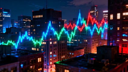 Vibrant, illuminated stock market candlestick graphs overlaid against a nocturnal cityscape featuring towering illuminated corporate buildings in the financial district.