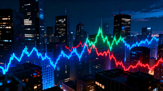 Neon-colored fluctuating stock market graphs overlaying a dark nighttime cityscape featuring illuminated high-rise financial district buildings - Powered by Adobe
