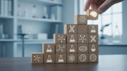 Scientific discovery pyramid: hand placing glowing brain block atop staircase of lab flasks, molecules and DNA icons, symbolizing research progress, innovation and the climb from data to knowledge