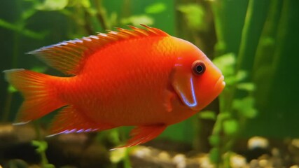 Vibrant orange tropical fish swims in a lush green aquarium with clear water and subtle sunlight filtration