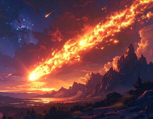 Fiery meteor streaks across a sunset sky over mountain range
