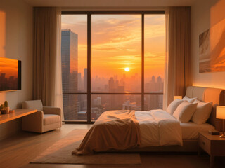 Modern Big Window Bedroom Apartment with Magnificent Sky