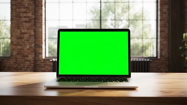 Laptop with green screen on desk in loft office; background is blurred