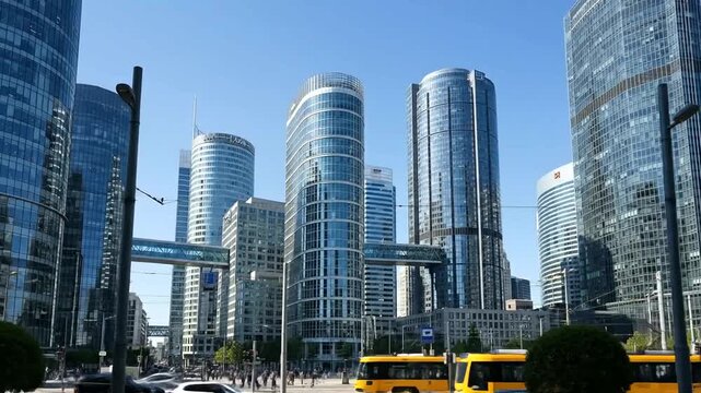 Modern architecture in La Defense business district, Paris, France on a sunny day.