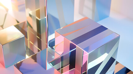 Shimmering metallic cubes in holographic colors create futuristic ambiance