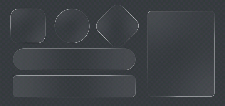 Modern Liquid glass morphism UI element set with frosted glass effect on dark grid. Transparent vector buttons, cards and panels for futuristic mobile app or web interface.