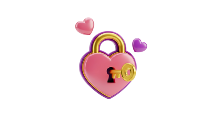 Heart lock with key and hearts on transparent background