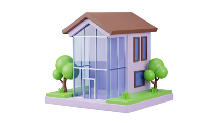 3D Cartoon House with Trees and Green Lawn