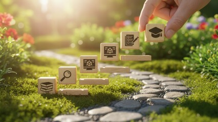 Pathway of learning: floating wooden blocks with books, search, computer, test and graduation icons above garden path, symbolizing educational journey, research, digital learning and academic success

