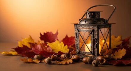 Rustic lantern glows amid autumn leaves and acorns on a sepia toned backdrop