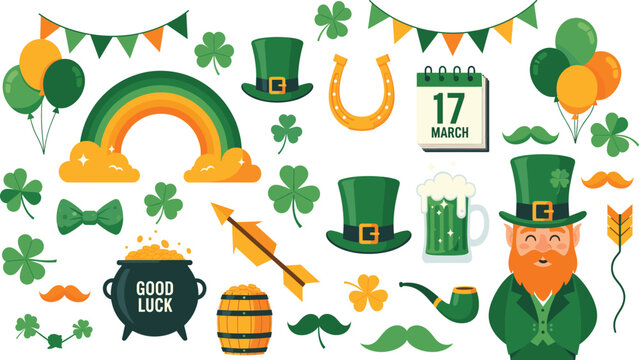St Patricks Day vector icon set with leprechaun green hats pot of gold rainbow clover leaves lucky horseshoe beer and festive decorations on white background