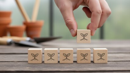 Row of growth: gardener hand lifting sprout icon block above line of seedlings on wooden table, symbolizing sustainability, nurturing potential, leadership and cultivating continuous development

