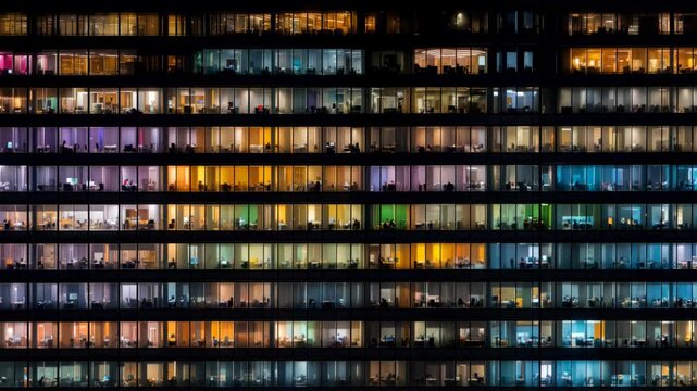Nighttime Views of Bright Windows Across Buildings Show Different Lights and Colors as People Go About Their Evening Routines