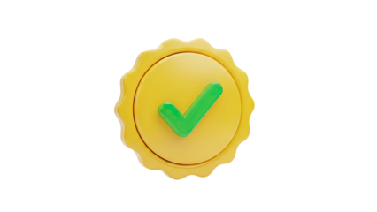 Green check mark on a yellow seal on transparent background