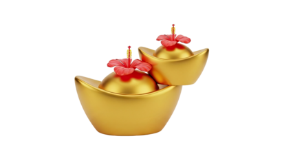 Golden Chinese Yuan Bao with Hibiscus Flowers on transparent background