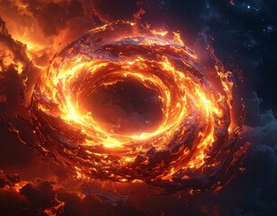 Fiery ring engulfed by clouds with a backdrop of starry darkness