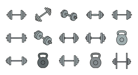 A collection of various grey dumbbell and kettlebell icons for fitness and exercise, representing gym equipment.