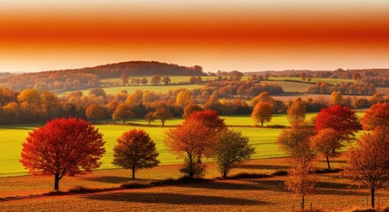 Scenic autumnal landscape with vibrant trees and a glowing, orange sky