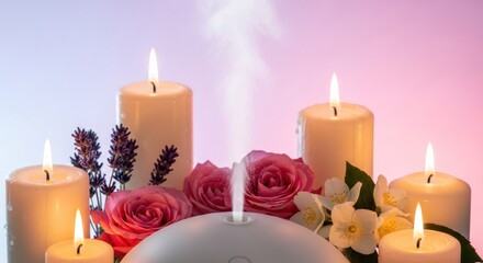 Serene Aromatherapy Scene with Candles, Roses, and Diffuser, promoting wellbeing