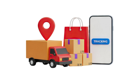 Delivery and tracking concept with truck, packages, and smartphone on transparent background